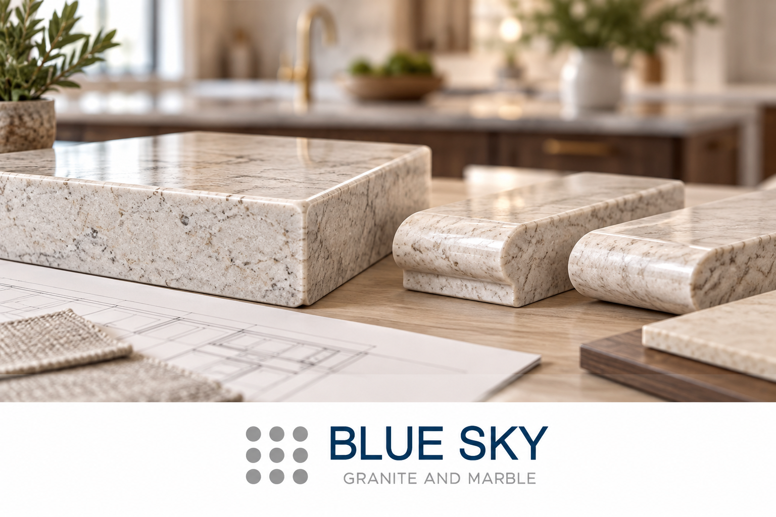 Conceptual stone edge samples on a planning desk with Blue Sky Granite and Marble branding.